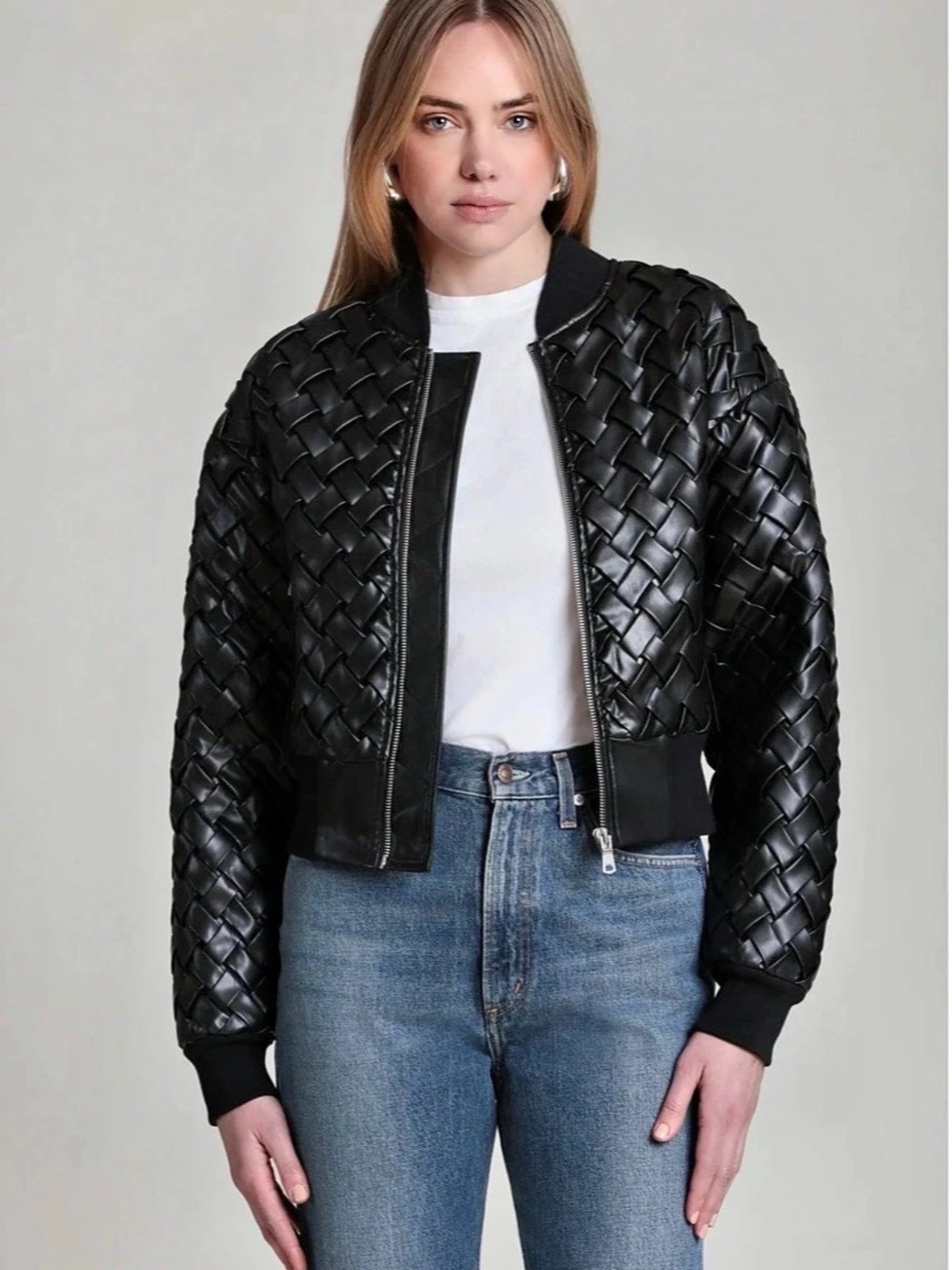 Avec Les Filles Woven Faux Leather Bomber Jacket Black Size M NWT